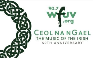 A logo for the 50th anniversary of Ceol na nGael, the Music of the Irish, on WFUV, Fordham's public media station, features a green Celtic knot design