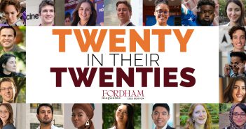 A rectangular image featuring 20 headshots around the perimeter and in the middle the following words: Twenty in Their Twenties, Fordham Magazine, 2023 Edition