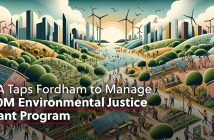 Illustration of large community with people farming and city in the background, with headline "EPA taps Fordham to manage $50M environmental justice grant program