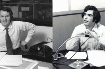 A black-and-white composite image showing Charles Osgood at a desk with a typewriter at CBS in 1972 and Fordham student Jerry Cipriano at Fordham's WFUV radio studio in 1973.