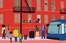 Detail from an illustration of an orange-red Bronx apartment building on a street with a city bus and people engaging with each other