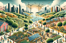 illustration of a community outdoors with trees, farms, people, buildings