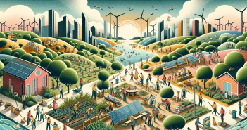 illustration of a community outdoors with trees, farms, people, buildings